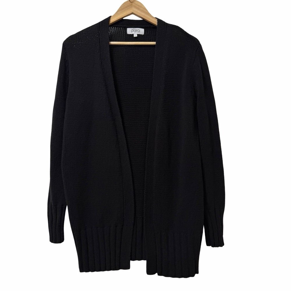 Pura Cashmere Womens Open Front Ribbed Knit Cardigan Size M Black Coastal Beachy